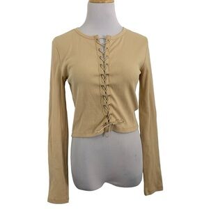 Forever 21 Tan Ribbed Lace Up Long Sleeve Top